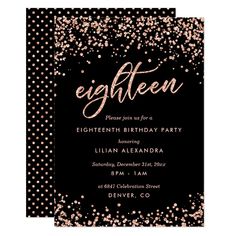 a black and gold birthday party card with confetti on the front, in pink foil