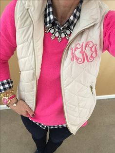 Fashion Over 40: Pop of pink....paired with navy, one of my favorite combos. Old Navy Vest Monogrammed, A&F Sweater, J Crew Gingham Shirt, Baublebar Necklace, Charming Charlie Watch, Loren Hope Bracelet, Stella & Dot Bracelet Old Navy Vest, Hope Bracelet, Navy Vest, Fashion For Women Over 40, Gingham Shirt, Fashion Over 40, Charming Charlie, Fall Fashion Trends