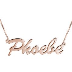 Every stylish woman should have a Custom Nameplate Necklace in their jewelry box. Not only do they look fashionable, but they look gorgeous on their own or layered up. This particular style features a font that is easy to read and that has a beautiful flow to it. The colors are all neutral metallics, which makes them very versatile. All of our name necklaces have a polished surface so that they gleam beautifully in the light. If you are on the hunt for a thoughtful gift for a loved one, this wou Trendy Rose Gold Necklace For Mother's Day, Elegant Rose Gold Name Necklace For Personalized Gift, Elegant Personalized Pink Necklace, Elegant Personalized Rose Gold Necklace, Personalized Rose Gold Elegant Necklace, Rose Gold Name Necklace For Party, Elegant Party Name Necklace With Clavicle Chain, Elegant Silver Name Necklace For Party, Custom Name Rose Gold Necklace For Party