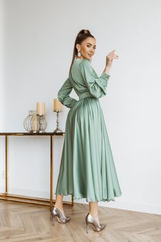 Fabric: faux silk Viscose 35%, Polyester 35%, Cotton 20% Nylon 10% V-neck Long sleeve Puffed sleeve Accordion pleat Maxi length Blue Emerald, Puff Sleeve Dresses, Pleated Maxi, Silk Maxi Dress, Sleeve Maxi Dress, Long Sleeve Maxi, Trendy Accessories, Winter Sale, Leather Fabric