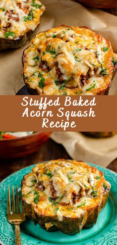 stuffed baked acorn squash recipe on a blue plate with a fork and bowl in the background