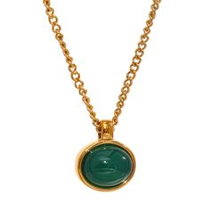 The Green Agate Tiger Stone Oval Pendant Stainless Steel Gold Necklace features a stunning blend of stone and metal. Its link chain and pendant design exude elegance and modernity. The necklace's PVD real gold plating adds a touch of luxury, while the Tiger Stone and Green Agate stones evoke feelings of strength and vitality. This necklace is truly a must-have for any fashion-forward individual. Chain Collar, Natural Gemstone Necklace, Agate Pendant Necklace, Green Agate, Stone Pendant Necklace, Gold Plated Bracelets, Gemstone Necklace Pendant, Green Necklace, Oval Pendant