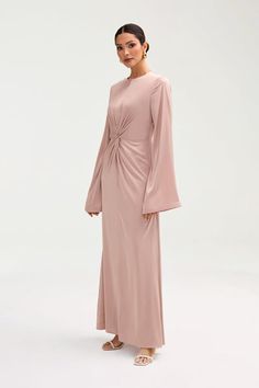 Duha Satin Twist Front Maxi Dress - Pink Jasmine Elegant Maxi Evening Dress With Folds, Elegant Maxi Length Evening Dress With Folds, Elegant Maxi Dress With Folds For Evening, Elegant Draped Dresses For Banquet, Glamorous Ruched Satin Maxi Dress, Ruched Satin Maxi Evening Dress, Pre-draped Floor-length Satin Party Dress, Chic Draped Dress For Banquet, Formal Floor-length Ruched Satin Dress