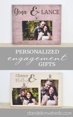 two personalized engagement gifts are displayed on a shelf with the words, personalized engagement gifts