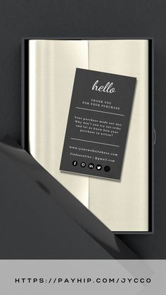 a black and white brochure with the words hello on it