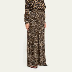 Max Mara "Ghinea" wide-leg trousers in an allover leopard print  Mid-rise; sits high on hip Elastic waist  Side slip pockets  Full length Relaxed fit  Silk Made in Italy Chic Leopard Print Pants For Work, Chic Leopard Print Workwear Bottoms, Leopard Print Wide Leg Bottoms With Relaxed Fit, High Waist Leopard Print Bottoms For Work, Leopard Print High Waist Bottoms For Work, Workwear Wide Leg Leopard Print Bottoms, Wide Leg Leopard Print Bottoms For Work, Leopard Print Wide Leg Bottoms For Work, Wide Leg Leopard Print Bottoms With Pockets