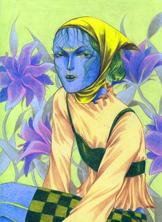 a drawing of a woman with blue skin and yellow hair sitting in front of purple flowers