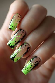 Cute Nails Gel, Nails For School, Nails Basic, Nails Baddie, Matching Nails, Nails Round, Splatter Nails, Neon Green Nails, Nails Inspired