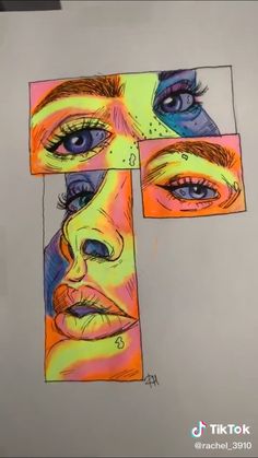 a drawing of a woman's face with different colored eyes