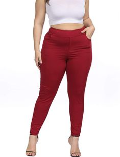 These plus size high waist skinny pants not only provide a flattering and comfortable fit, but also have functional pockets for added convenience. Made with quality materials and a stylish design, these pants are perfect for any occasion. Stay fashionable and functional with these must-have pants. 60% Rayon,35% Nylon,5% Spandex Soft Comfortable Stretch Fabric Brand Size Dress Bust Waist Hip XS 0-2 31-32.5'' 23-24'' 31-34" S 4--6 33-35'' 25-26'' 35-37" M 8--10 35-36'' 27-28'' 38-39" L 12--14 38-4 Stretch Straight Leg Leggings With Pockets, Casual Ankle-length Leggings With Pockets, Stretch Leggings With Pockets And Tapered Leg, Fitted Ankle-length Leggings With Pockets, Red Non-stretch Bottoms With Pockets, Fitted Red Bottoms With Side Pockets, Solid Non-stretch Leggings With Pockets, Non-stretch Red Pants With Pockets, High Waist Leggings With Pockets For Work