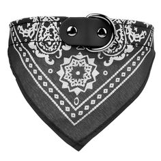 a bandana with black and white designs on the front, attached to a metal buckle