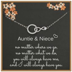 PRICES MAY VARY. Auntie niece necklace: This beautiful necklace consists of a infinity symbol and a big CZ circle. The pendant’s meaning is: the love between aunt and niece is forever. The pendant means you will be linked together forever and the love is eternity. No matter where we go, no matter what we do, you will always have me and I will always have you. Materials: This piece of necklace is made of 925 Sterling Silver. It was polished by manual, so it’s very shiny, definitely catch other’s Meaningful Infinity Jewelry Gift, Infinity Necklace For Birthday And Mother's Day, Infinity Birthstone Necklace For Gifts, Meaningful Silver Jewelry For Birthday Gift, Infinity Necklace With Lobster Clasp As Gift, Meaningful Silver Infinity Jewelry, Personalized Infinity Necklace For Mom, Infinity Necklace For Birthday Or Valentine's Day, Silver Infinity Jewelry Gift For Mom