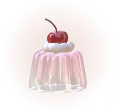 a pink cake with a cherry on top and whipped cream around the edges, sitting in front of a white background