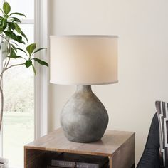 a table lamp sitting on top of a wooden box next to a window with a potted plant