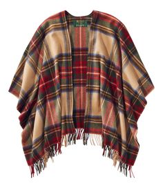 Crafted from lambswool and designed for versatility, this poncho scarf offers exceptional warmth and comfort. It will layer flawlessly over any outfit. 100% lambswool. Dry clean. Front panel 23. 5". Center back length without fringe 27". Soft and durable fabrication will make this piece a favorite. Imported. | Women's L.L.Bean Poncho Scarf, Plaid, Wool Poncho Scarf, Wool Sweaters Womens, Flannel Jacket, Flannel Women, Antique Dress, Scarf Poncho, Neck Gaiters, Kids Outerwear, Shop Mens Clothing