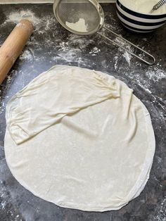 the dough is ready to be made into pizza crusts and other ingredients are on the counter