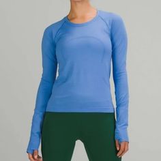 Lululemon Blue Nile Swiftly Tech Long Sleeve Shirt 2.0 Race Length Size 4 Took The Tab Off. Never Worn. Sporty Blue Tops With Thumbholes, Functional Blue Tops For Pilates, Blue Long Sleeve Running Tops, Lululemon Shirts, Lululemon Swiftly Tech Long Sleeve, Bday List, Swiftly Tech Long Sleeve, Blue Lululemon, Lululemon Long Sleeve