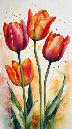 three red and yellow tulips with watercolor splashes on the back ground