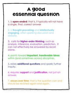 a poster with some writing on it that says, a good essential question is in the bottom right corner