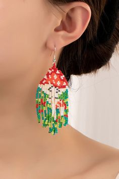 Boho long Handwoven seed bead mushroom earringsSIZE: 3.5"Made In: China Mushroom Beaded Earrings, Seed Bead Mushroom, Bead Mushroom, Mushroom Earrings, Made In China, Seed Bead, Beaded Earrings, Seed Beads, Seeds