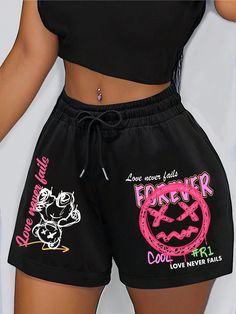 Women's New Graffiti Slogan Street Fashion Daily Casual Shorts Black Casual   Knitted Fabric Animal,Cartoon,Letter Track Shorts Slight Stretch  Women Clothing, size features are:Bust: ,Length: ,Sleeve Length: