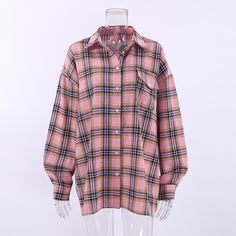 Retro Pink Plaid Collared Loose Shirt - Multi,S Loose Sweater Dress, Hay Rides, Pink Plaid Shirt, Blue Plaid Dress, Fall Blouse, Oversized Flannel, Plaid Shirts, Loose Shirt, Spring Fashion Outfits