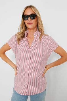 Red Stripe Rae Blouse | Pomander Place Neck Ruffle Collar, Red Striped Shirt, Feminine Details, Slim Trousers, Cocktail Attire, Fall Clothes, Ruffle Collar, Red Stripe, Neck Ruffle