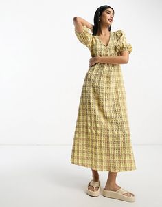 ASOS DESIGN textured midi tea dress in yellow check | ASOS Spring Plaid Midi Dress Knee-length, Yellow V-neck Midi Dress For Work, Plaid Midi Dress For Work, Casual Plaid Midi Dress For Work, Chic Plaid Midi Dress For Work, Elegant Plaid Midi Dress, Chic Plaid Midi Dress, Yellow Knee-length Midi Dress For Work, Chic Gingham Dress With Buttons