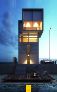 an image of a house that looks like it is floating in the water at night