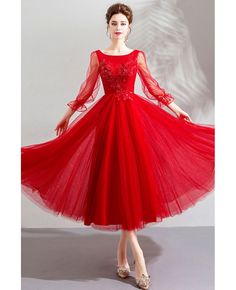 Buy Elegant Tea Length Tulle Wedding Party Dress With Sheer Sleeves at wholesale price online. Free shipping and pro custom service since 2009. Red Organza Dress For Banquet, Tulle Tea-length Wedding Dress, Fitted Tulle Wedding Dress For Banquet, Spring Bridesmaid Dress In Tulle For Banquet, Spring Tulle Ball Gown For Banquets, Elegant Summer Wedding Ball Gown, Red Long Sleeve Organza Dress, Fitted Tulle Tea Length Wedding Dress, Wedding Tulle Tea Length Dress