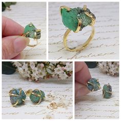 "Rough Emerald Ring, Raw Emerald Ring, Gold Emerald Ring, May Birthstone Ring, Gold Gemstone Ring, Precious Stone Ring, Gold Statement Ring PRODUCT VIDEO ⇒ http://bit.ly/2veeLYR Large raw emerald ring for her! This rustic green emerald ring is stunning set in 22k gold plated brass. A four prong solitaire ring with a skinny handmade band. This rough precious emerald stone is uncut and natural, the prong setting is handmade and shows its true beauty and amazing color of the emerald. My passion for Peridot Birthstone Ring, Raw Emerald Ring, Gold Emerald Ring, August Birthstone Ring, Peridot Birthstone, May Birthstone Rings, Raw Crystal Ring, Precious Stones Rings, Raw Emerald