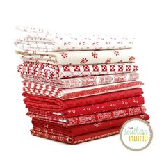 red and white quilts stacked on top of each other in different sizes, with the words southern fabric