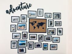 there is a wall with many pictures on it and the word adventure written in black