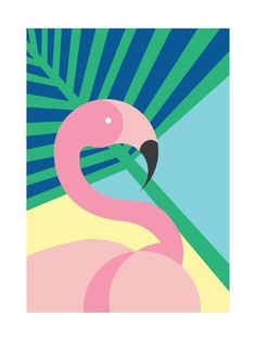 a pink flamingo standing on top of a beach next to palm trees and water