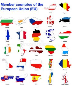 the european union map with all countries and their flags royalty illustration on white background stock images