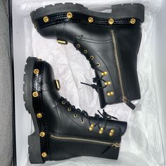 Authentic Versace Boots Size 38. I Purchased These In Rome In 2019. Only Worn Once. Come In Original Box. Great Condition. Look Brand New As You Can See In Pics Despite The Sole From The One Time Wear. Luxury Calf Leather Lace-up Boots With Lug Sole, Luxury Lace-up Boots With Lug Sole In Calf Leather, Designer Lace-up Boots With Lug Sole, Luxury High-top Lace-up Boots With Lug Sole, Luxury Leather Boots With Studded Rubber Outsoles, Luxury Lace-up Boots With Lug Sole, Luxury High-top Lace-up Boots, Designer Ankle Moto Boots, Leather Lace-up Boots With Lug Sole For Party