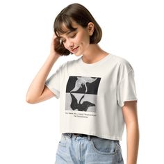 Inspired by one of our favorite artists Hilma AF Klint, this Swan crop top is a staple to any dancer. This crop top is made of 100% combed cotton, which makes the shirt extremely soft and more durable than regular cotton shirts. T * 100% combed cotton  * Fabric weight: 5.3 oz/yd² (180 g/m²) * Relaxed fit * Cropped length * Ribbed crew neck  * Dropped shoulders * Side-seamed construction * Shoulder-to-shoulder taping * Double-needle hems This product is made especially for you as soon as you plac Fitted Cotton Cropped T-shirt With Graphic Print, Cropped Cotton Top With Graphic Print, Graphic Cotton Cropped Tee, Fitted Graphic Print Cropped Cotton T-shirt, Cotton Cropped Graphic Tee, Fitted Cropped Cotton T-shirt With Graphic Print, Cropped Cotton Graphic Tee, Fitted Cotton Crop Top With Graphic Print, Fitted Hip Hop Tops With Graphic Print