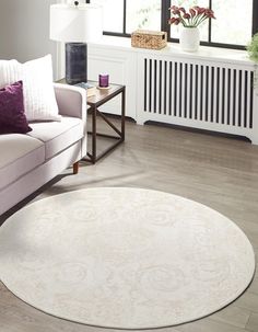 a living room filled with furniture and a white rug