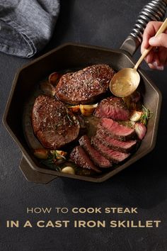 someone is cooking steak in a cast iron skillet