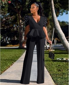 Ruffled Peplum Black Elegant Two Piece Jumpsuit Imported 95% Polyester, 5% Spandex Pull on closure Hand wash/ Machine Wash Brand Size Dress Bust Waist Hip XS 0-2 31-32.5'' 23-24'' 31-34" S 4--6 33-35'' 25-26'' 35-37" M 8--10 35-36'' 27-28'' 38-39" L 12--14 38-40'' 29-31'' 40-42" XL 14-16 40-42'' 33.5-36'' 44-46" 2XL 18-20 42-44'' 37-40'' 47-50" 3XL 22-24 44-46'' 41-46'' 51-55" 4XL 26-28 46-48'' 47-50'' 56-60" Solid Evening Jumpsuits And Rompers With Ruffles, Glamorous Fitted Jumpsuits And Rompers With Ruffles, Glamorous Fitted Jumpsuit With Ruffles, Fitted V-neck Jumpsuit With Ruffles, Glamorous Ruffled Jumpsuits And Rompers For Night Out, Glamorous Ruffled Jumpsuits For Night Out, Elegant Fitted Jumpsuits And Rompers With Ruffles, Fitted Jumpsuits And Rompers With Ruffles And V-neck, Black V-neck Jumpsuit With Ruffles