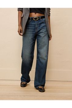 Rigid in the front. Stretchy in the back. Magic all over with innovative 50/50 construction./Comfort Stretch Waistband for an extra dose of comfy!/Medium wash Ex Boyfriend, 50 50, Boyfriend Jeans, Straight Leg Jeans, Low Rise, Women's Jeans, American Eagle Outfitters, American Eagle, Straight Leg