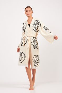 "This incredibly soft, breathable sun and moon print kaftan is the perfect cover-up for all your summer needs, from the beaches to picnics in the park. Made from 100% organic cotton and hand-printed with the timeless evil eye design, this Greek goddess-style kaftan will keep you protected from evil spirits and evil eyes. -This kaftan is perfect for relaxing or dressing up with the ultimate ease of comfort. You can wear it around the house, on the beach, or dress it up with jeans and a T-shirt. -Soft, light, and eco-friendly, it dries quickly and absorbs water better than a towel. -Purpose of usage; Turkish cotton robe, spa bath, boho robe, Made of %100 Cotton, Ethnic Kaftan, Kimono Robe, Dressing gown, Boho Cover Up, Meditation Robe, Organic Cotton bathrobe, lithograph pattern, Unisex Spa Bohemian Oversized Cover-up For Loungewear, Oversized Bohemian Cover-up For Loungewear, Bohemian Long Sleeve Relaxed Fit Cover-up, Bohemian Kimono For Loungewear With Relaxed Fit, Hippie Style Long Sleeve Festival Cover-up, Hippie Long Sleeve Festival Cover-up, Hippie Festival Cover-up With Long Sleeves, Bohemian Cotton Long Sleeve Cover-up, White Bohemian Cover-up With Relaxed Fit