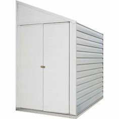 a white storage shed with two doors and one door open on the side, against a white background