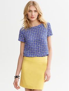 Geo Print Shirt - blue? Trendy Stretch Tops For Business Casual, Casual Crew Neck Blouse For Office, Casual Crew Neck Office Blouse, Trendy Fitted Tops With Contrast Trim, Blue Tops With Contrast Trim For Summer, Blue Tops With Contrast Trim For Spring, Fitted Blue Tops With Contrast Trim, Stretch Short Sleeve Office Shirt, Stretch Short Sleeve Shirt For Office