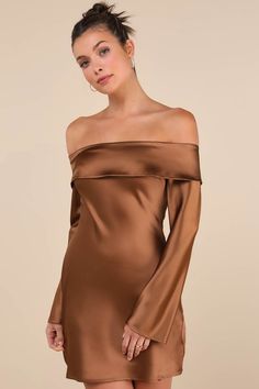 Brown Mini Dress - Satin Mini Dress - Foldover OTS Dress - Lulus Mini Dress Satin, Peplum Designs, Off The Shoulder Mini Dress, Brown Mini Dress, Off Shoulder Mini Dress, Prom Inspo, Casual Formal Dresses, 파티 드레스, Long Sleeve Cocktail Dress