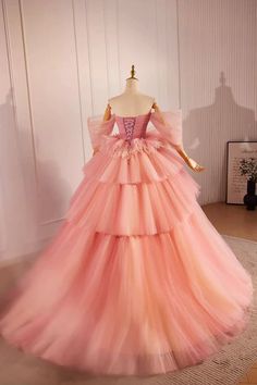 Pink Off the Shoulder Long A-Line Ball Gown Beautiful Tulle Layers Sweet 16 Dress Sweet 16 Dress, 16 Dress, Sweet 16 Dresses, Wholesale Dress, British Indian, Long A Line, Sweet 16, Bride Dress, Special Occasion Dresses