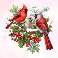 two red birds sitting on top of a holly covered branch with berries and mists