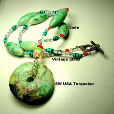 "Vintage Turquoise Stone Round Doughnut Bi Pi Pendant, on Jade with Glass Beaded Necklace, Rachelle Starr OOAK turquoise pendant is from late 1970s New Mexico The necklace is 20\" long ( 50.8cm ) The circle pendant is 1 1/4\" ( 3.175cm ) The green jade BiCone long tube beads are each 1 1/4\" x 1/2\" ( 3.175cm x 1.27cm ) I made this for myself recently but I never wore it, I just have too many necklaces!! Enjoy ------------------ PLEASE NOTE I ONLY ship to your paid ETSY invoice address purchase Dramatic Necklace, Enamel Beads, Beaded Dangle Earrings, Vintage Turquoise, Green Jade, Tube Beads, Glass Bead Necklace, Small Jewelry, Turquoise Pendant