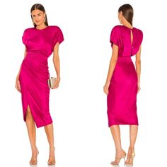 Zhivago Bond Fuchsia Pink Asymmetrical Midi Dress Size 2 Is Brand New With Tags! Featuring: Fully Lined Hidden Back Zipper Closure With Loop Button Fastening Padded Waist Detail Leg Slit Please Be Aware There Is A Small Section On One Shoulder That Has Minor Marks That May Come Out With Spot Treatment Or Dry Cleaning And One Small Mark At Back Bottom Of Dress. All Pictured Above. Measurements Below: Bust: 24” Waist: 12” Length: 53.5” Asymmetrical Midi Dress, Fuchsia Pink, Pretty Dresses, One Shoulder, Size 2, Midi Dress, Womens Dresses, Brand New, Zipper