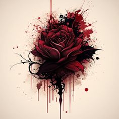 a red rose with black splatters on it's petals and blood drips